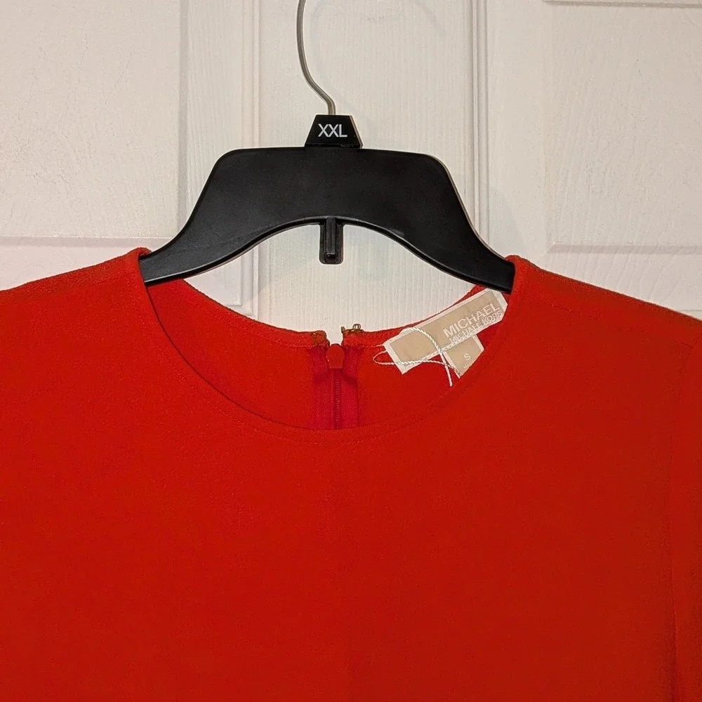 Michael Kors Red Orange Short Sleeve Peplum Blouse Crew Neck Crepe Top Small‎